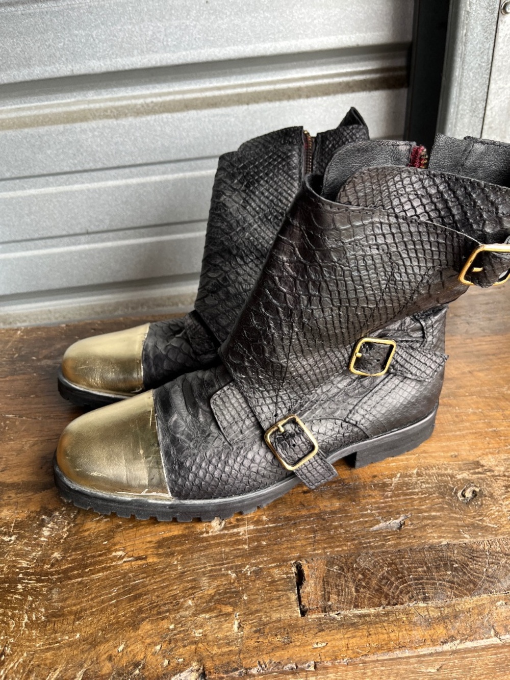 Zadig & Voltaire Gold Toe Moto Boots Leather Reptile US 7/ EU 38